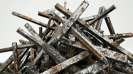 Poster - A pile of twisted metal rods and jagged shards, with sharp details and contrasting textures, arranged against a seamless white backdrop for an industrial look