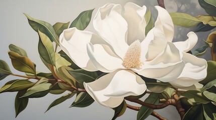 Wall Mural - Closeup view of a beautiful magnolia blossom with creamy white petals and lush green leaves  The delicate flower displays its natural elegance and serene beauty against a simple natural background