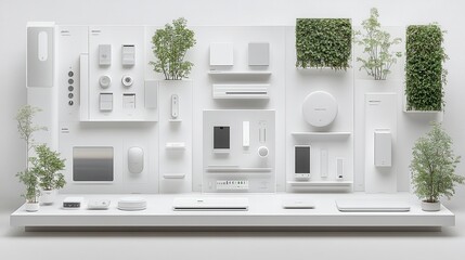 Wall Mural - A modern display of white tech gadgets and greenery on a minimalist wall, showcasing a blend of technology and nature.