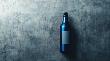 Poster - A polished blue beer bottle with a blank label, elegantly positioned on a smooth grey background, ideal for branding presentations and mockups