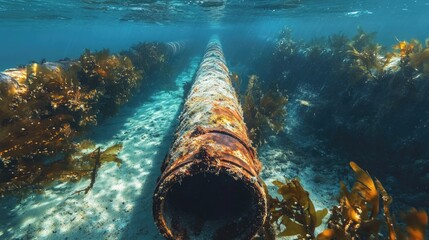 Poster - A rusted industrial pipe under water, overtaken by marine plants and sediment, showcasing the effects of decay over time