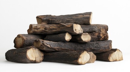 Poster - A rustic stack of firewood logs, emphasizing their organic shapes, rough textures, and natural imperfections, placed against a clean white background