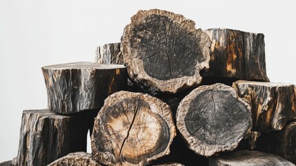 Poster - A rustic stack of firewood logs, emphasizing their organic shapes, rough textures, and natural imperfections, placed against a clean white background