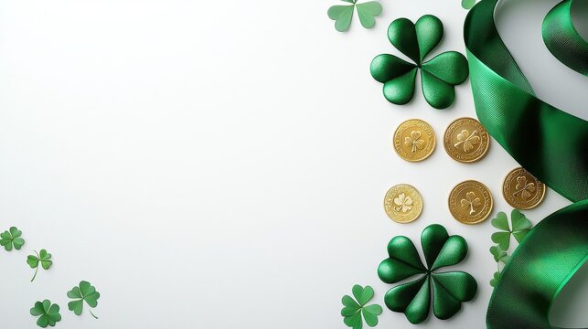 Vibrant St. Patrick's Day themed wreath of clovers golden coins and green ribbon placed elegantly clean white background joyful vibe