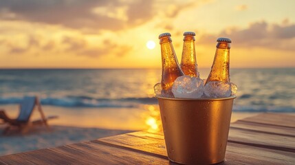 Poster - A set of frosty beer bottles in a golden ice bucket, positioned on a wooden table with a sunset beach scene in the background, capturing a summer evening mood