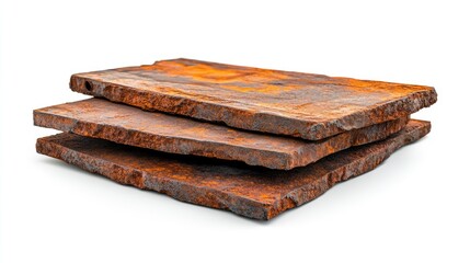 Aufkleber - A series of rusty, corroded metal pieces, stacked and detailed, isolated on a pristine white background for a minimalist industrial feel