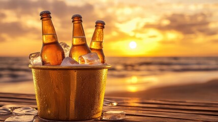 Poster - A set of frosty beer bottles in a golden ice bucket, positioned on a wooden table with a sunset beach scene in the background, capturing a summer evening mood