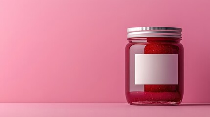 Poster - A simple and elegant glass jar of raspberry jam, featuring a blank white label, placed on a solid pink background for a fresh, modern look