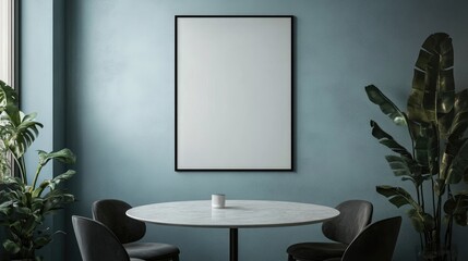 Poster - A sleek black rectangular frame mockup on a light blue dining room wall, with a round table and chairs beneath, creating a stylish and neutral backdrop