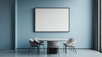 Poster - A sleek black rectangular frame mockup on a light blue dining room wall, with a round table and chairs beneath, creating a stylish and neutral backdrop