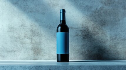 Poster - A sleek blue beer bottle with a blank label, placed on a grey surface, highlighting its elegance and ideal for custom branding mockups and presentations