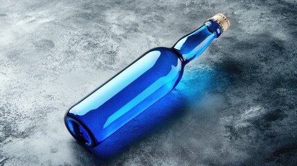 Poster - A sleek blue beer bottle with a reflective surface and an empty label, resting on a smooth grey surface, perfect for showcasing design concepts or marketing materials