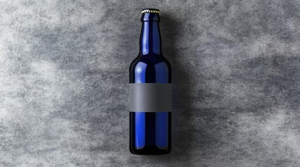 Poster - A sleek blue beer bottle with a reflective surface and an empty label, resting on a smooth grey surface, perfect for showcasing design concepts or marketing materials