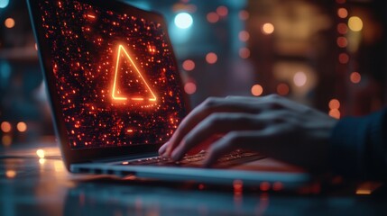 Poster - A man types on a laptop, focused on a glowing digital warning displayed on the screen. Cybersecurity concept, cyber attack.