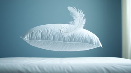 Poster - A soft white feather pillow suspended in mid-air, capturing the essence of lightness and a calming ambiance for a perfect night's rest