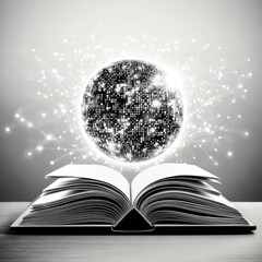Poster - An open book with a glowing digital globe hovering above, symbolizing knowledge and connectivity.