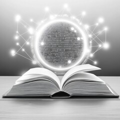 Poster - An open book with a glowing digital globe above, symbolizing knowledge and technology.