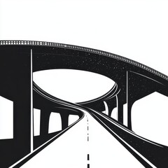 Poster - A stylized black and white illustration of a modern highway overpass, creating a dynamic sense of movement.