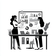 Poster - Two professional women analyzing data charts in a modern office setting, focused on teamwork and productivity.