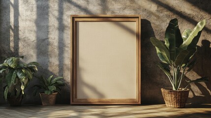 Poster - a wooden frame mockup with a blank canvas, positioned on a wall with decorative plants beside it, cr
