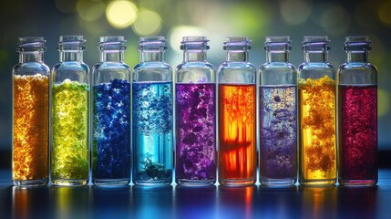 Poster - An artistic collection of glass jars filled with vivid liquids, arranged in a row, emphasizing color, texture, and visual appeal