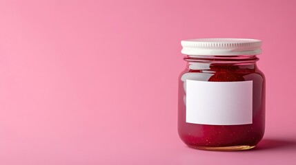 Poster - An elegant glass jar of raspberry jam with a blank white label, styled on a solid pink background, perfect for custom design presentations or product showcases