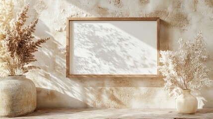 Poster - an empty wooden frame mockup on a wall, with decorative plants nearby, offering a neutral, minimalis