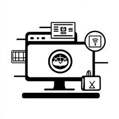 Poster - Illustration of a computer screen showing network security, data protection, and connectivity symbols.