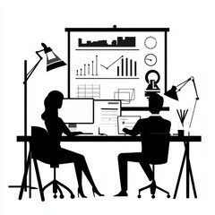 Poster - A female and male professional collaborate at a desk, analyzing data charts in a modern office setting.