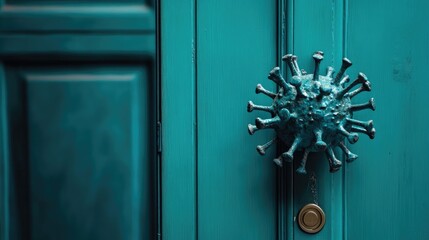 Poster - An intriguing door handle designed in the shape of a coronavirus, set against a teal-colored door, symbolizing the intersection of art and health issues