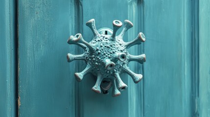 Poster - An intriguing door handle designed in the shape of a coronavirus, set against a teal-colored door, symbolizing the intersection of art and health issues