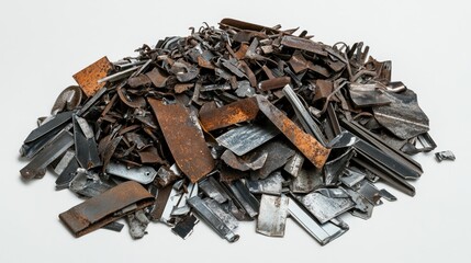Poster - Assorted scrap metal in small heaps, each piece showcasing unique textures, arranged neatly on a bright white surface to highlight the industrial tones