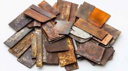 Poster - Assorted scrap metal in small heaps, each piece showcasing unique textures, arranged neatly on a bright white surface to highlight the industrial tones