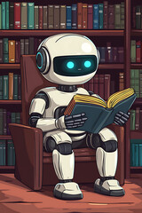 Poster - A cute robot reading a book in a cozy library setting.