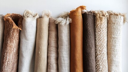 Aufkleber - Close-up of handcrafted textiles in warm, earthy colors, beautifully displayed against a clean white background, highlighting their organic textures