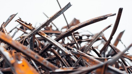 Poster - Close-up of scrap metal piles with twisted rods and jagged shards, sharply focused against a clean white background, highlighting the raw texture of the metal