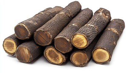 Poster - Close-up of round firewood logs with rough bark and detailed wood grain, stacked in a tidy pile against a simple white background for a rustic look