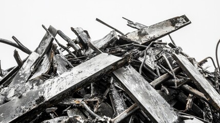 Poster - Close-up of scrap metal piles with twisted rods and jagged shards, sharply focused against a clean white background, highlighting the raw texture of the metal