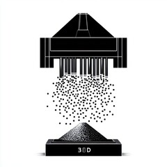 Poster - A stylish black and white illustration of industrial machinery dispensing fine particles.