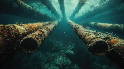 Aufkleber - Corroded pipes submerged under water, enveloped by marine life and sediment, creating a striking image of underwater decay