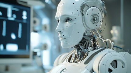 Poster - abstract technology futuristic concept of digital human body digital ai future design on hi tech background.