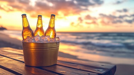 Poster - Frosted beer bottles in a golden ice bucket, placed on a wooden table with a sunset beach in the background, creating a perfect summer evening atmosphere