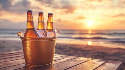 Poster - Frosted beer bottles in a golden ice bucket, placed on a wooden table with a sunset beach in the background, creating a perfect summer evening atmosphere
