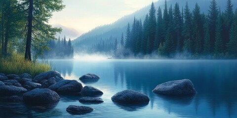 A serene misty morning at a tranquil lake features a calm blue lake surrounded by stones and trees, with the soft glow of sunrise illuminating the forest in the background.