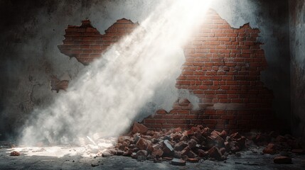 Poster - Light from a white hole spills through a cracked concrete wall, scattering red bricks and dust, creating an intense and dramatic visual effect