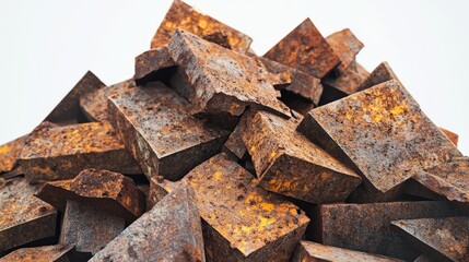 Aufkleber - Piles of rusty, corroded metal pieces, positioned carefully to highlight their intricate textures, set against a clean white backdrop for contrast and clarity