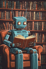 Poster - A robot reading a book in a cozy library setting.