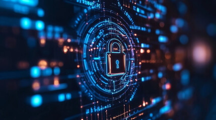 Poster - abstract global dot network circle digital cyber security padlock connection and communication futuristic on blue background.