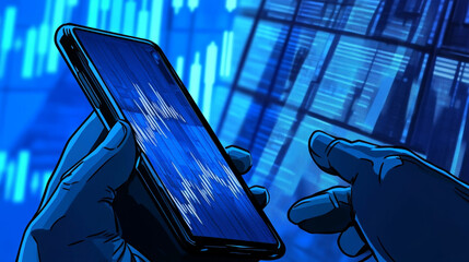Poster - Abstract hand holding phone and bitcoin, cryptocurrency trading concept, stock trading, on modern blue background, futuristic