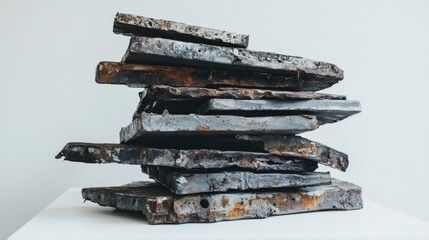 Aufkleber - Piles of stacked scrap metal with jagged edges, placed on a plain white surface, showcasing the raw, industrial aesthetic with detailed textures